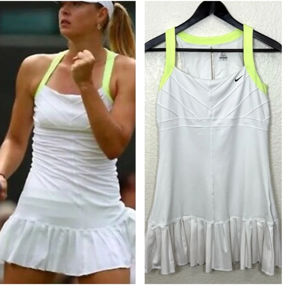 Nike Maria Sharapova Tennis Dress with Bra Pleated Skirt White Neon Size L
